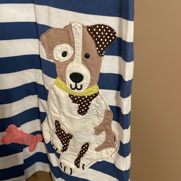 Girls Mini Boden 3 Button Short Sleeved Dress, Striped with Dog on Bottom, 7-8Y - Picture 2 of 4